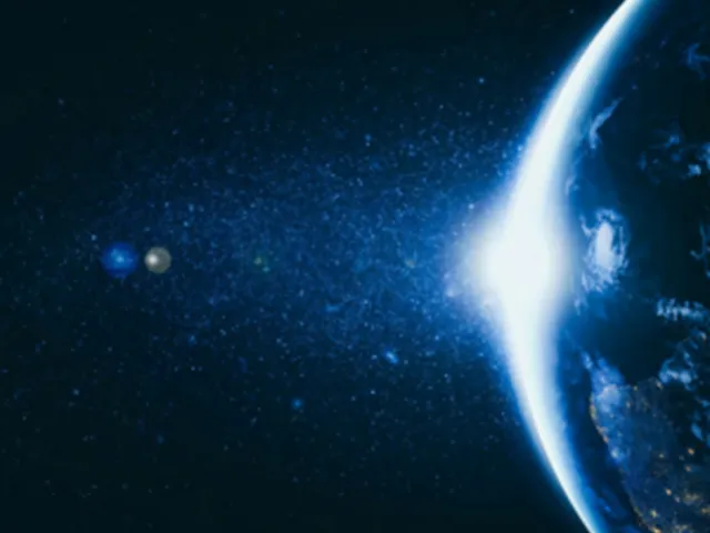 Earth seen from space with a bright light at its edge and stars scattered across the dark sky.