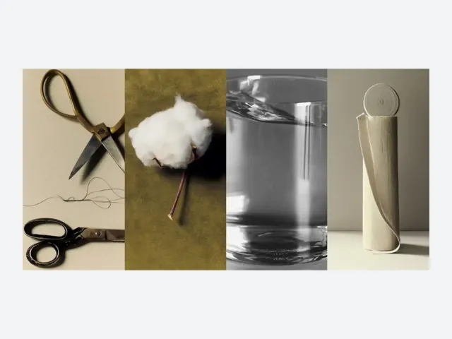 Montage of four photos showing scissors and thread, cotton, glass with clear liquid and a roll of fabric.