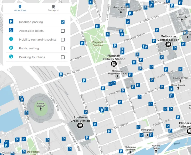 Access map with disabled parking spaces selected in the legend.