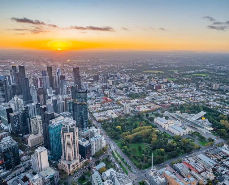 A birds-eye view over city at sunset
