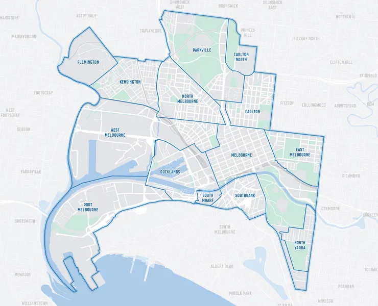 City of Melbourne suburb and boundary map