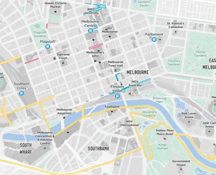A map of the Melbourne CBD with certain streets and sections highlighted in shades of yellow, pink or blue to indicate where road disruptions caused construction or major events are concentrated.