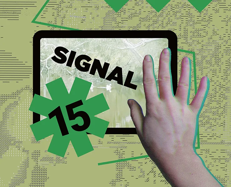 Artwork featuring a photo of a child’s hand reaching into the frame, with the word “Signal” and the number “15” to celebrate Signal’s 15 years.
