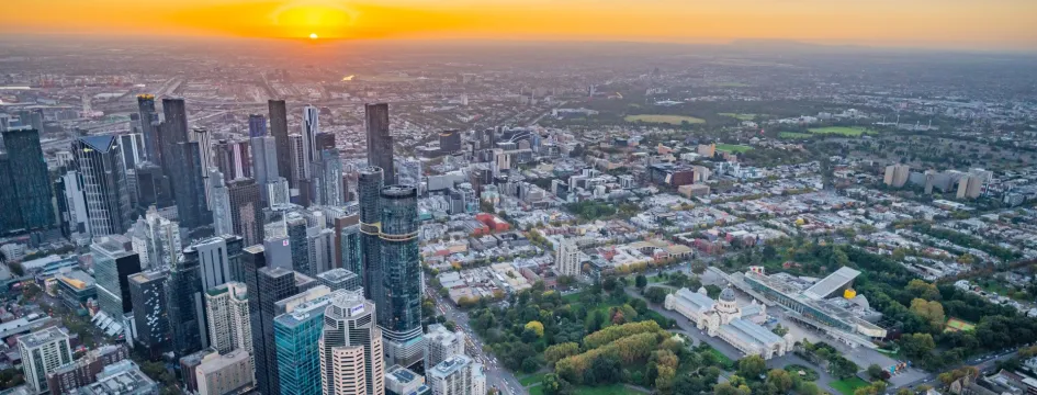A birds-eye view over city at sunset