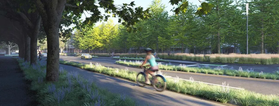 Artist impression of a biker on a new bike land in Southbank.