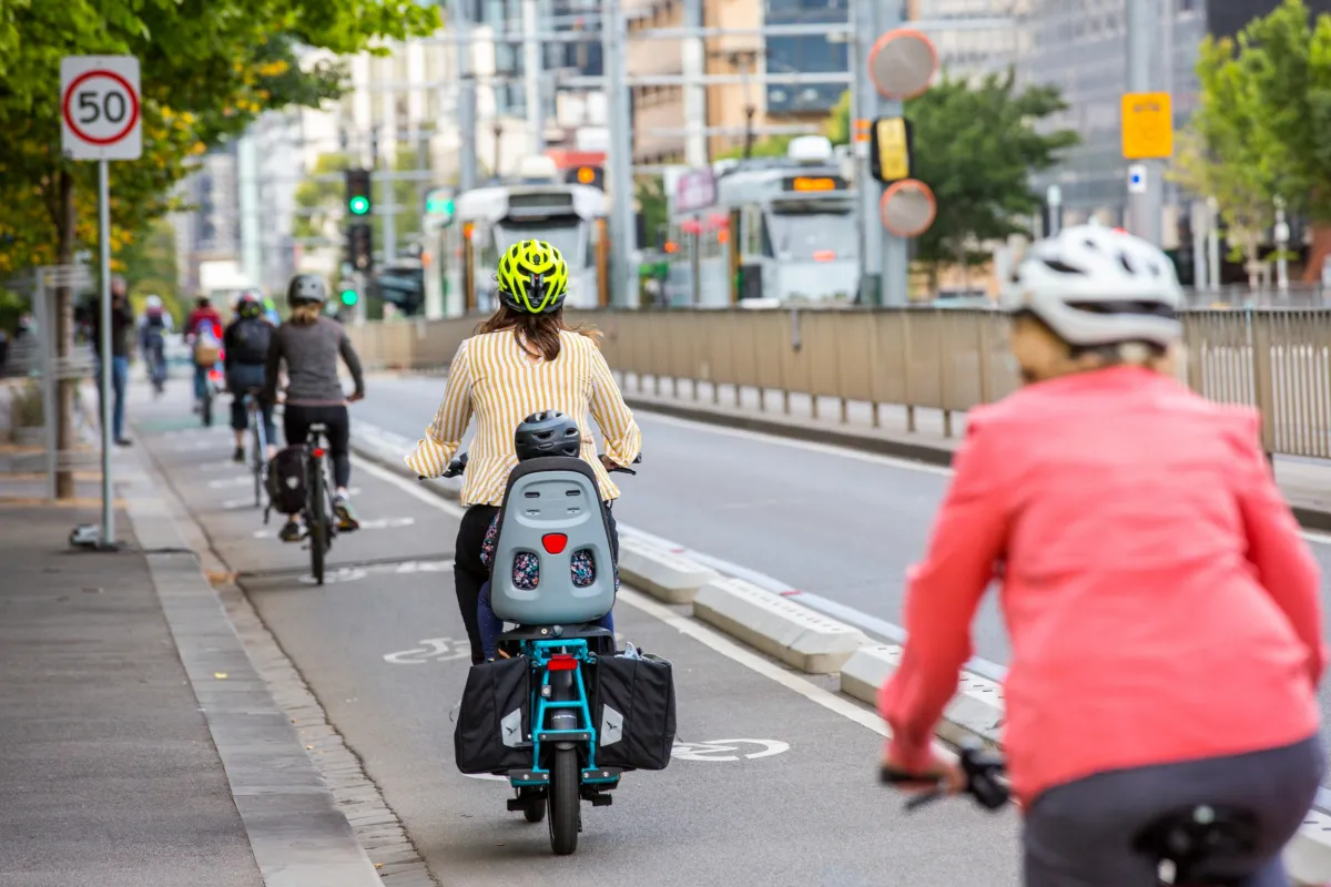 Cyclists riding bikes on Swanston Elgin Street.