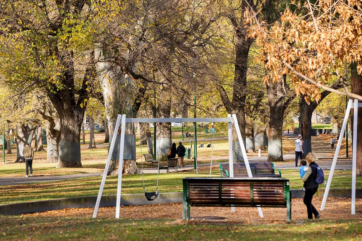 A bench and swings in a park