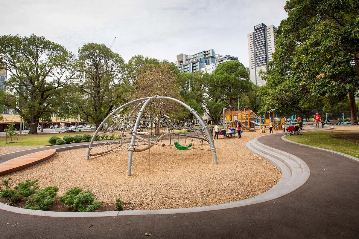A domed climbing frame in a park playground