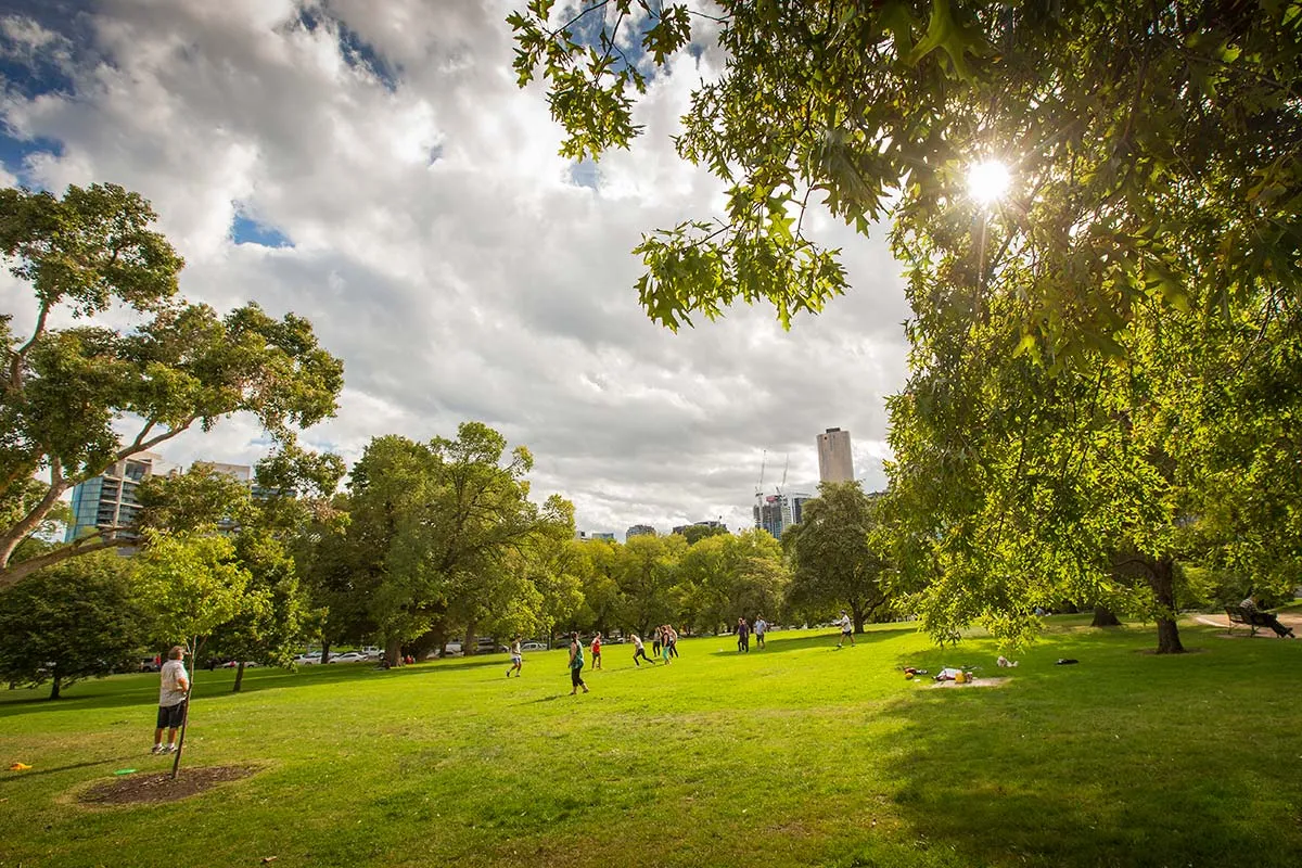 People kicking a ball around in a park
