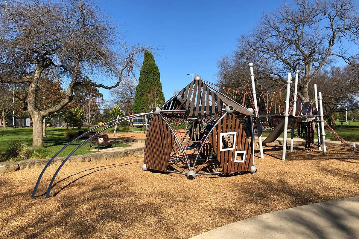 Wooden cubby houses in a playground