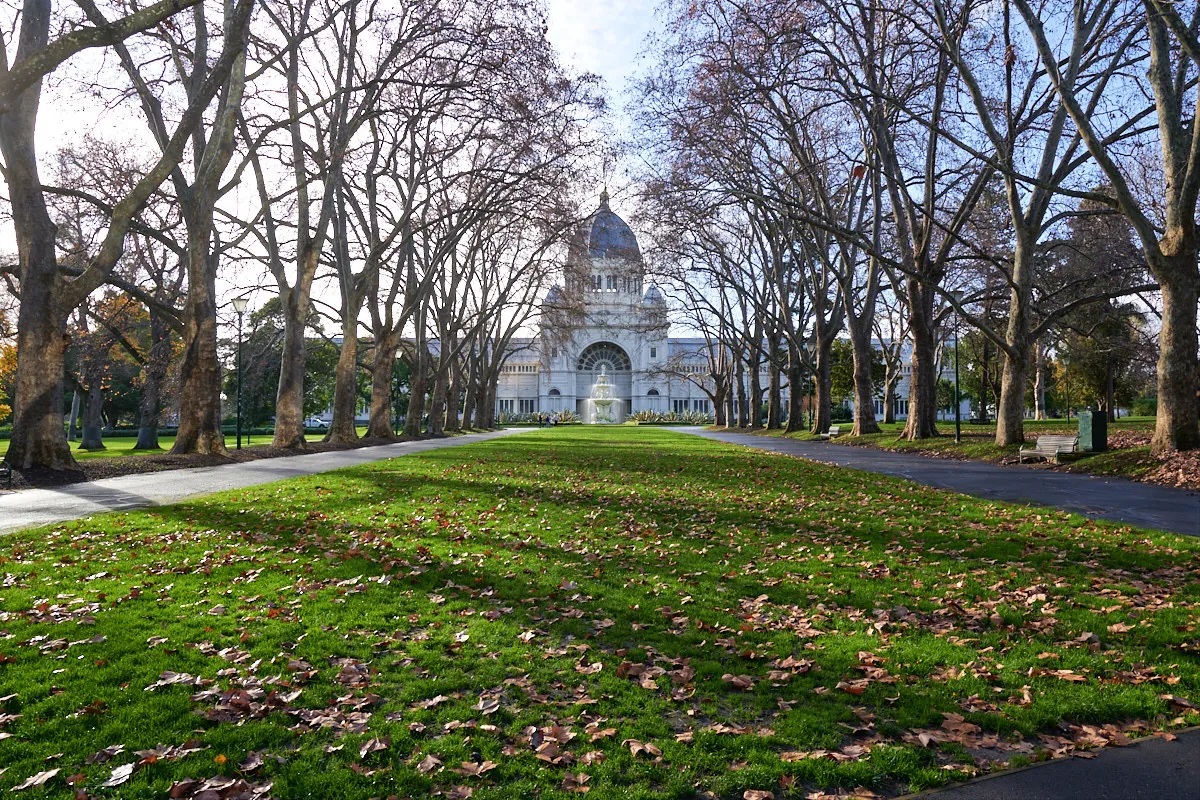 A tree-line avenue with foothpaths and a wide strip of lawn, leading to the Royal Exhibition Building.