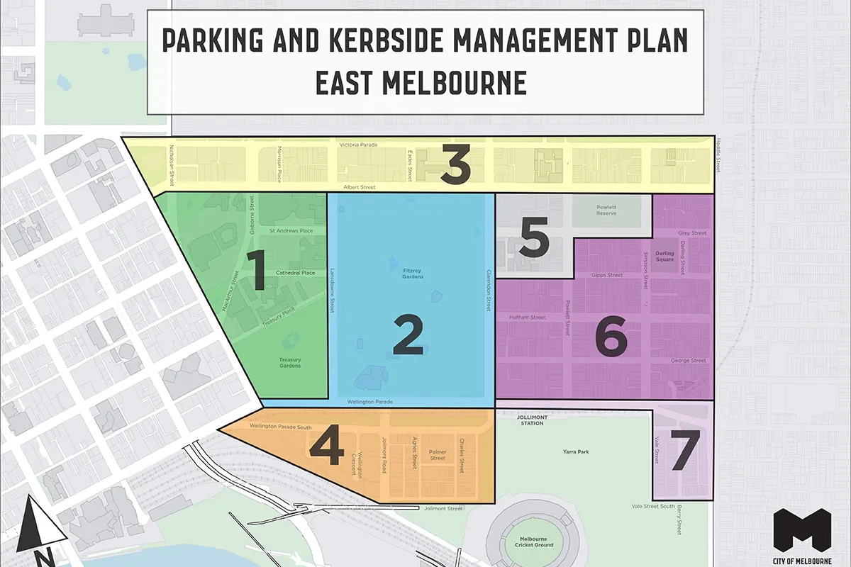 Map showing the seven areas for East Melbourne as part of the Parking and Kerbside Management Plan (long description follows map).